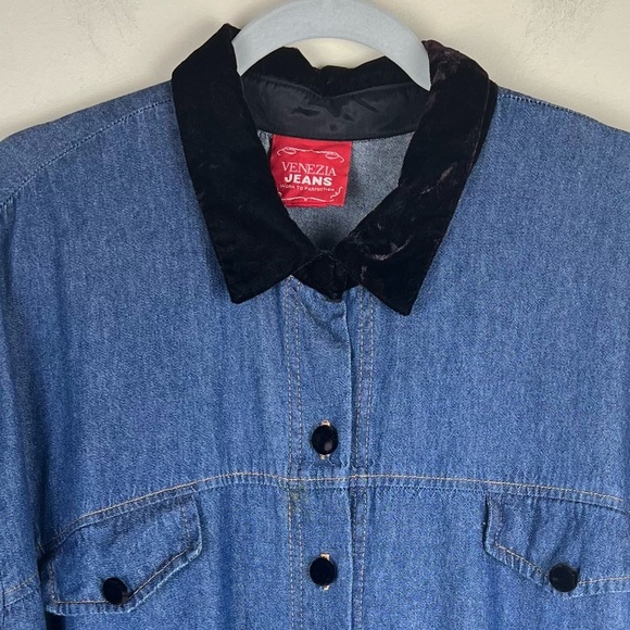 Venezia 80s 90s Vintage Prairie Midi / Maxi Denim Dress Velvet Collar | XL / 2XL - Picture 4 of 7